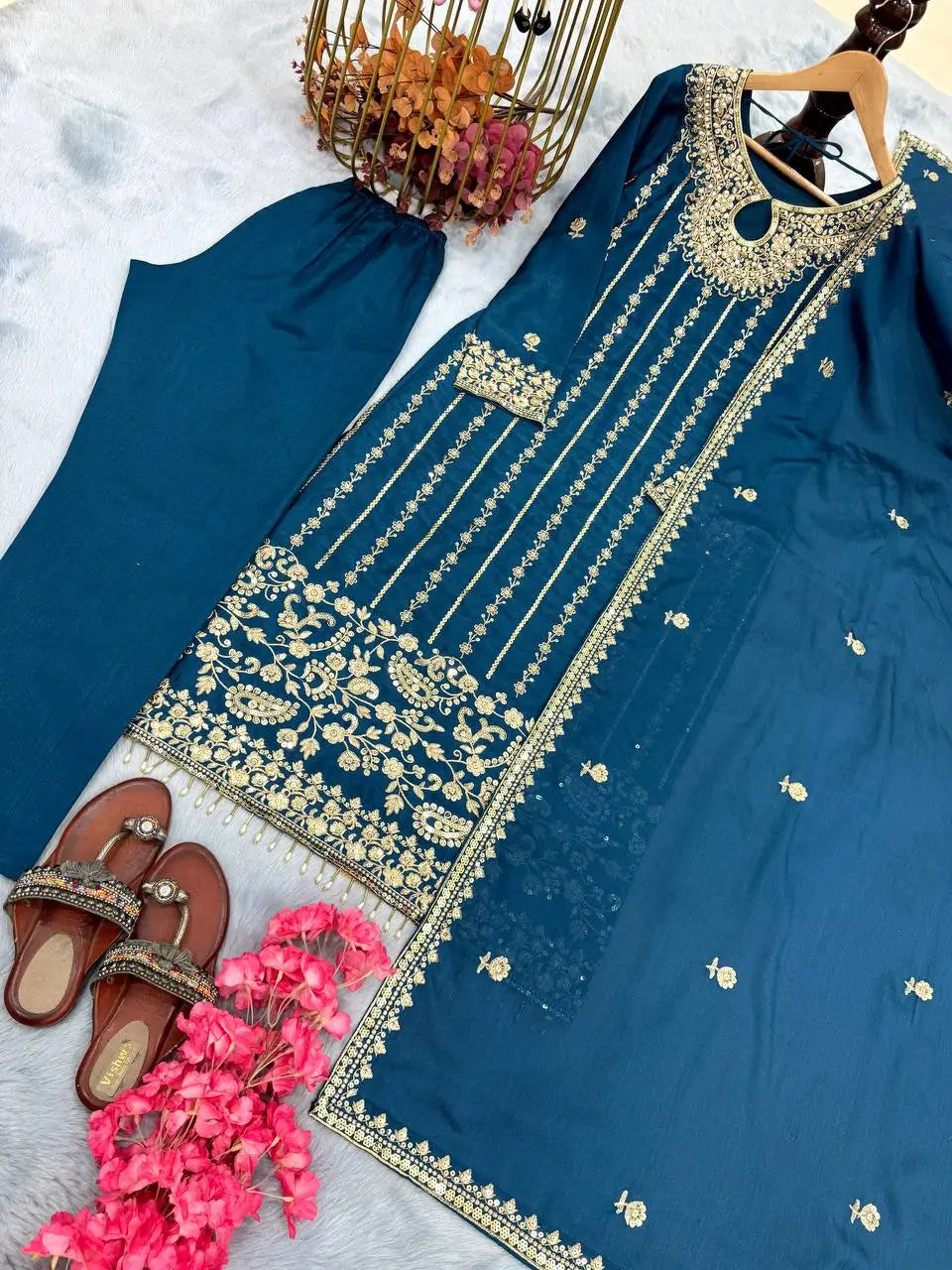 Embroidered Chinon Silk Suit Set