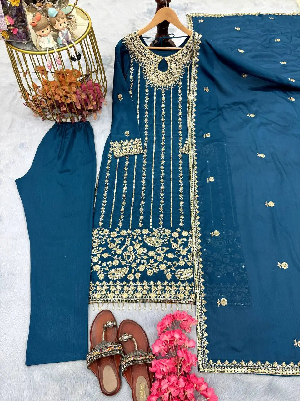 Embroidered Chinon Silk Suit Set