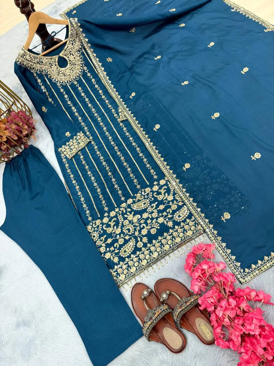 Embroidered Chinon Silk Suit Set