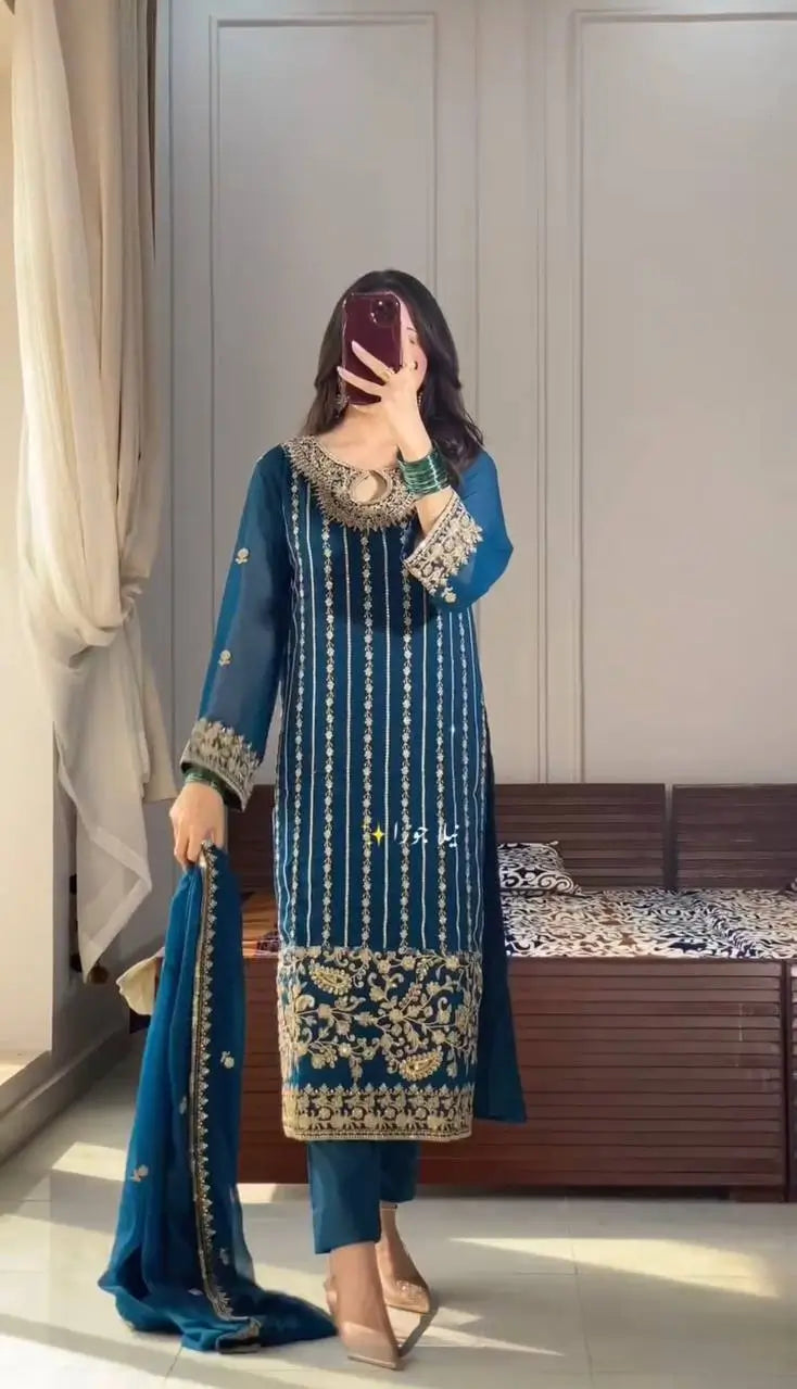 Embroidered Chinon Silk Suit Set