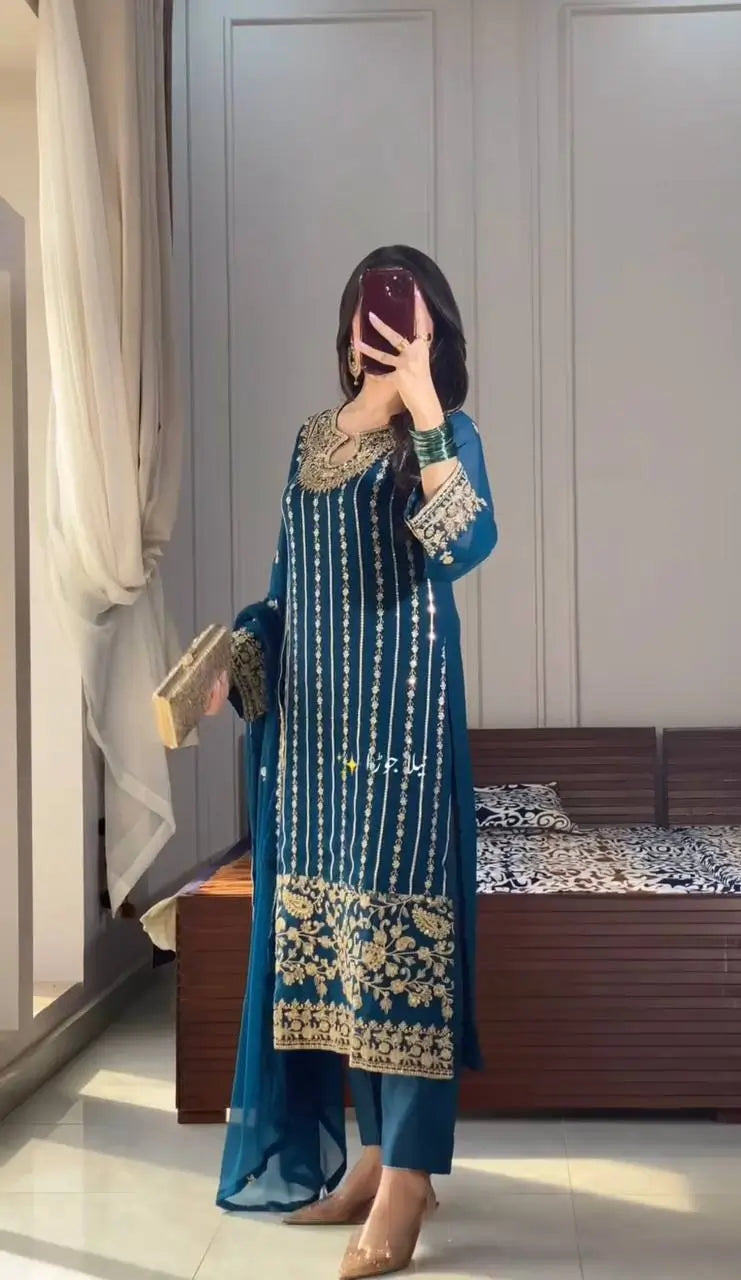 Embroidered Chinon Silk Suit Set