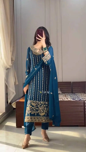 Embroidered Chinon Silk Suit Set