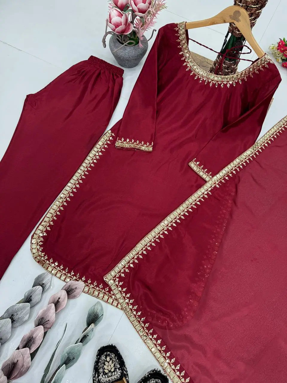 Embroidered Chinon Suit Set with Dupatta