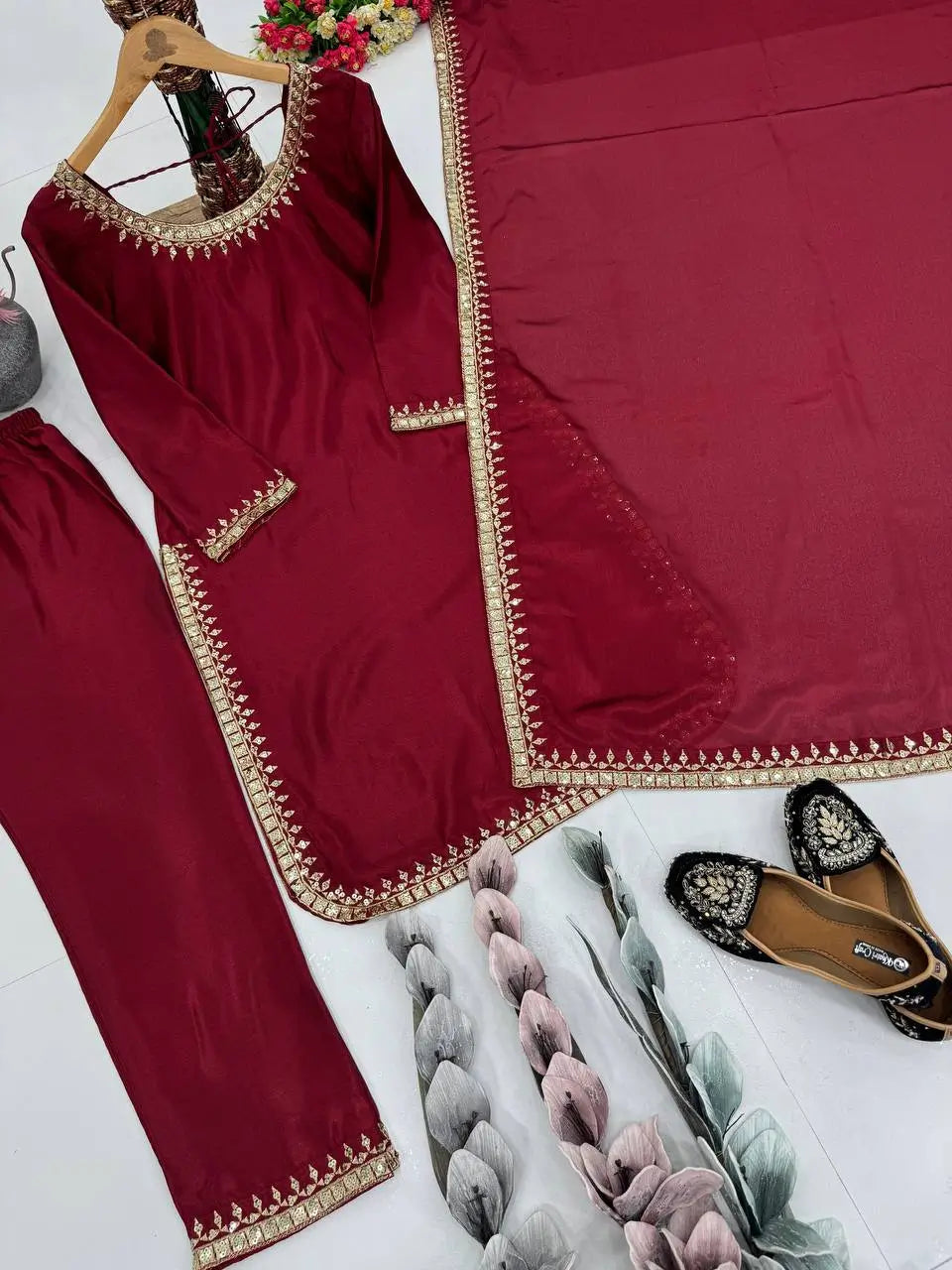 Embroidered Chinon Suit Set with Dupatta