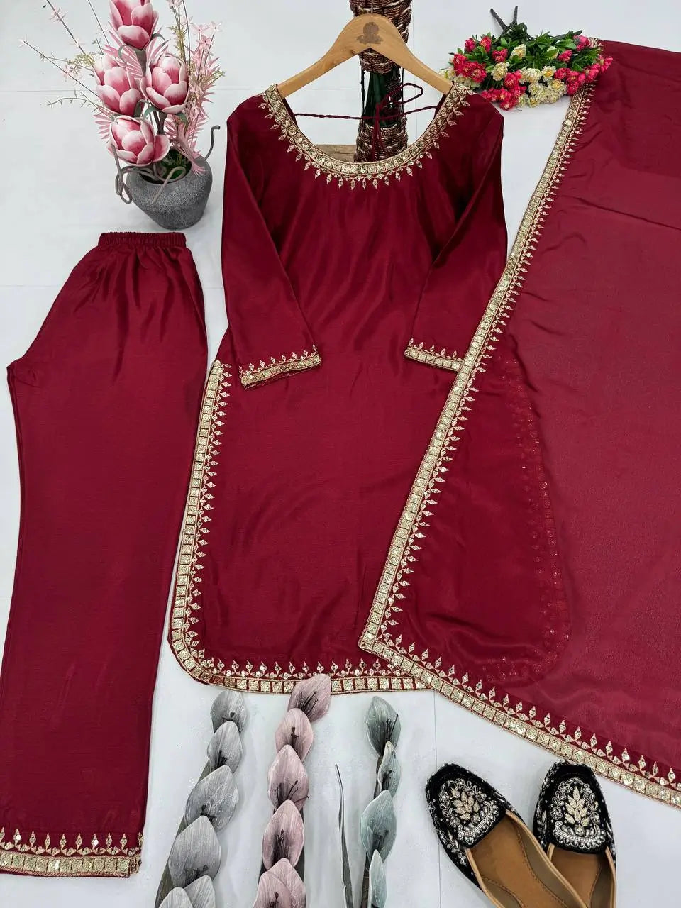 Embroidered Chinon Suit Set with Dupatta