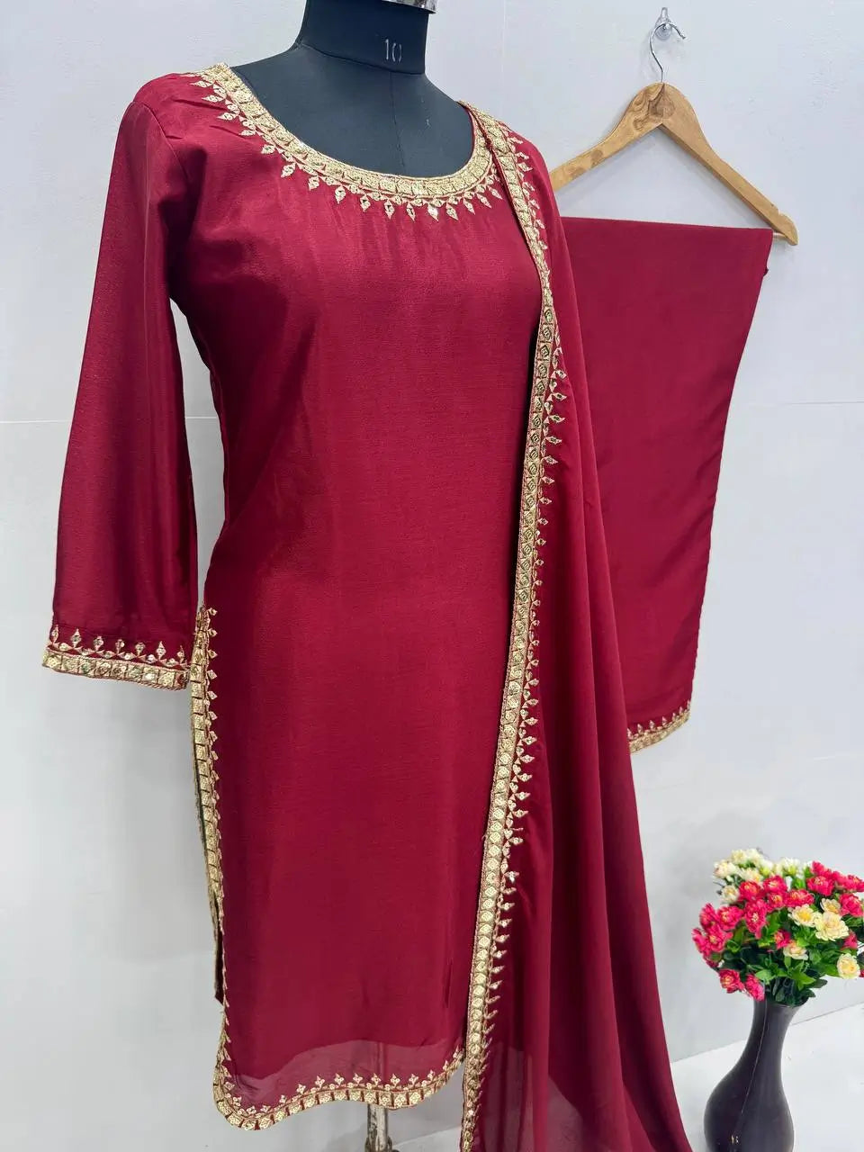 Embroidered Chinon Suit Set with Dupatta