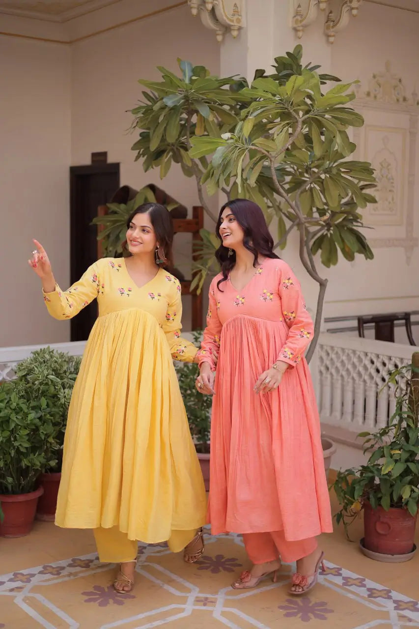 Embroidered Cotton Anarkali Kurti Pant Set for Festive and Casual Wear