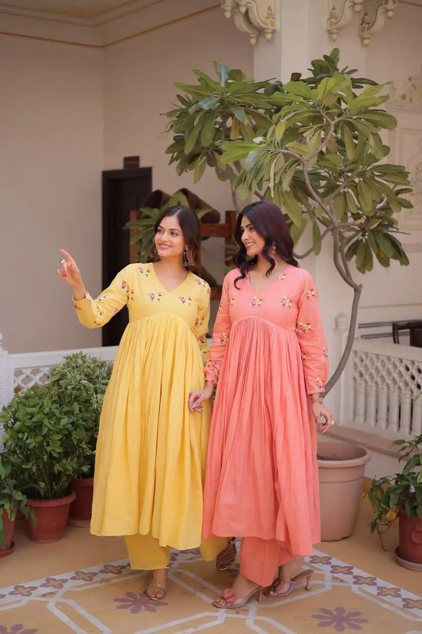Embroidered Cotton Anarkali Kurti Pant Set for Festive and Casual Wear