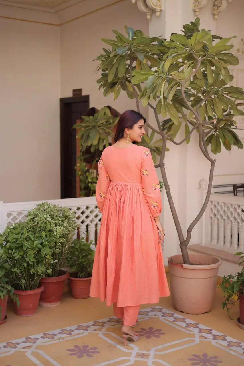 Embroidered Cotton Anarkali Kurti Pant Set for Festive and Casual Wear
