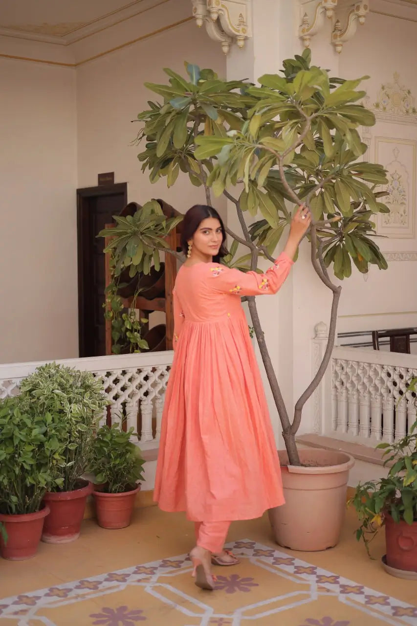 Embroidered Cotton Anarkali Kurti Pant Set for Festive and Casual Wear