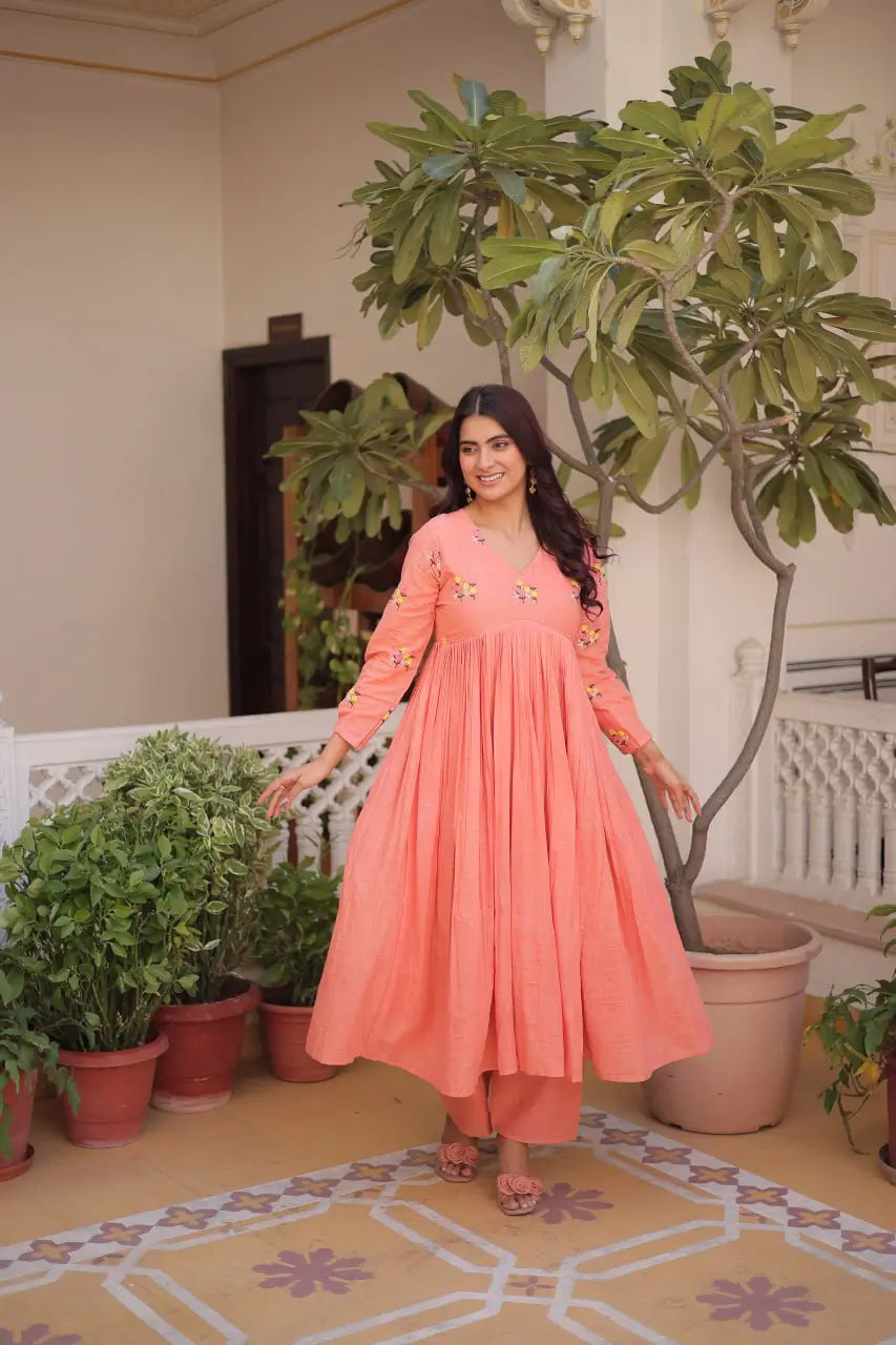 Embroidered Cotton Anarkali Kurti Pant Set for Festive and Casual Wear