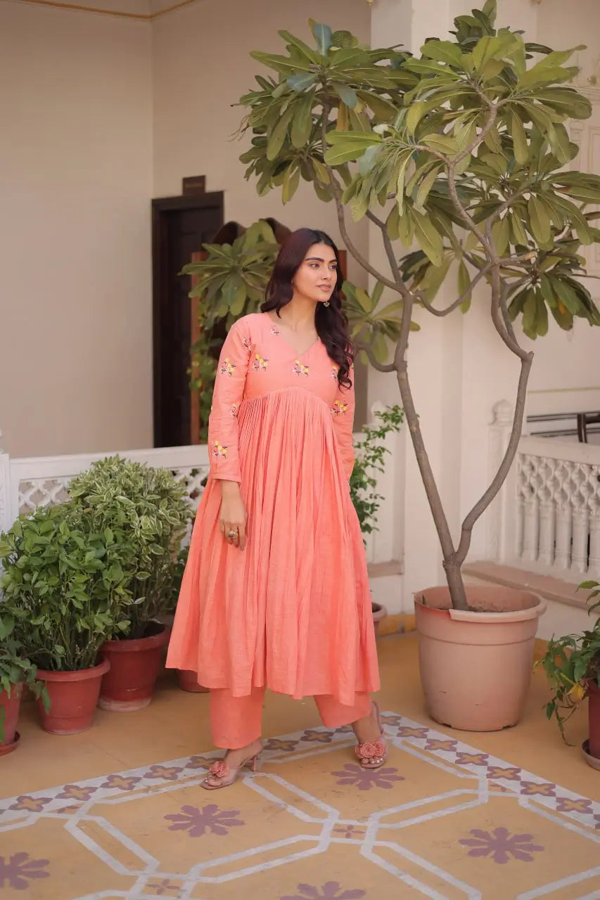 Embroidered Cotton Anarkali Kurti Pant Set for Festive and Casual Wear