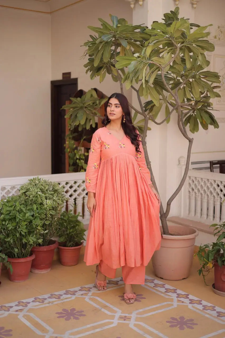 Embroidered Cotton Anarkali Kurti Pant Set for Festive and Casual Wear