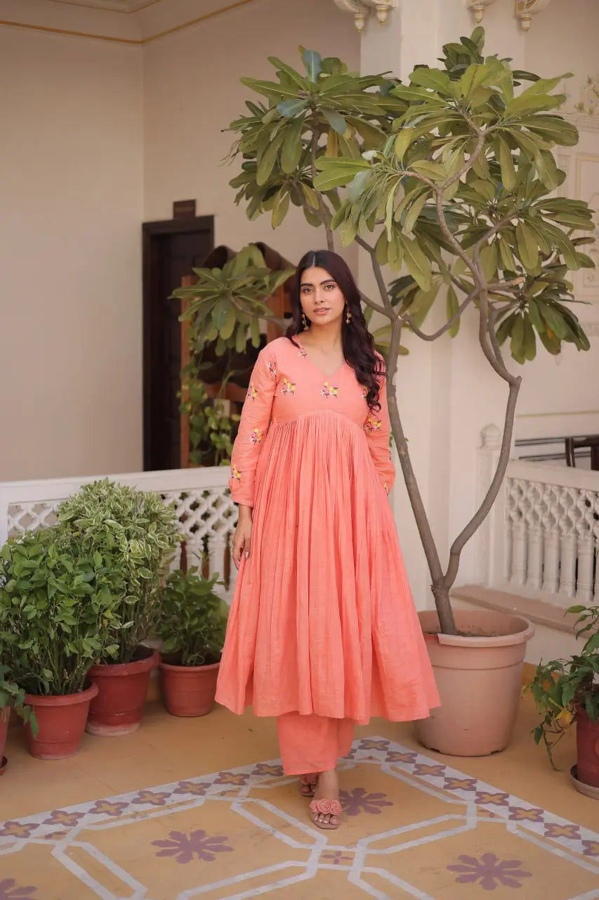 Embroidered Cotton Anarkali Kurti Pant Set for Festive and Casual Wear