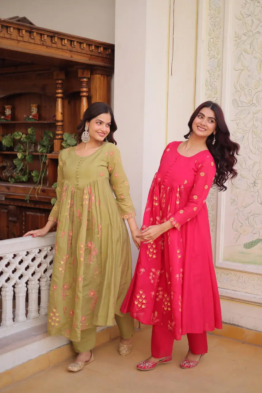 Embroidered Cotton Anarkali Kurti Pant Set for Festive and Casual Wear