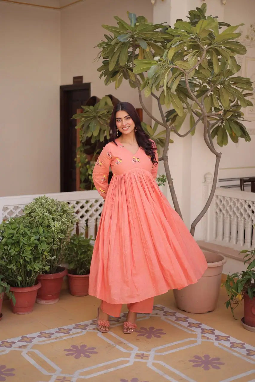 Embroidered Cotton Anarkali Kurti Pant Set for Festive and Casual Wear