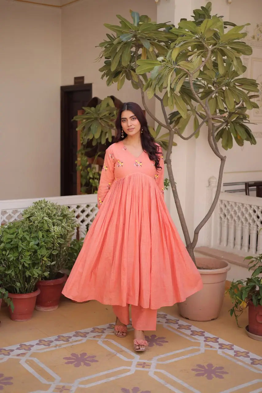 Embroidered Cotton Anarkali Kurti Pant Set for Festive and Casual Wear