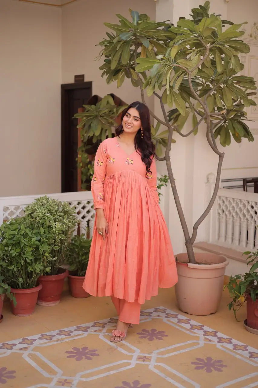 Embroidered Cotton Anarkali Kurti Pant Set for Festive and Casual Wear