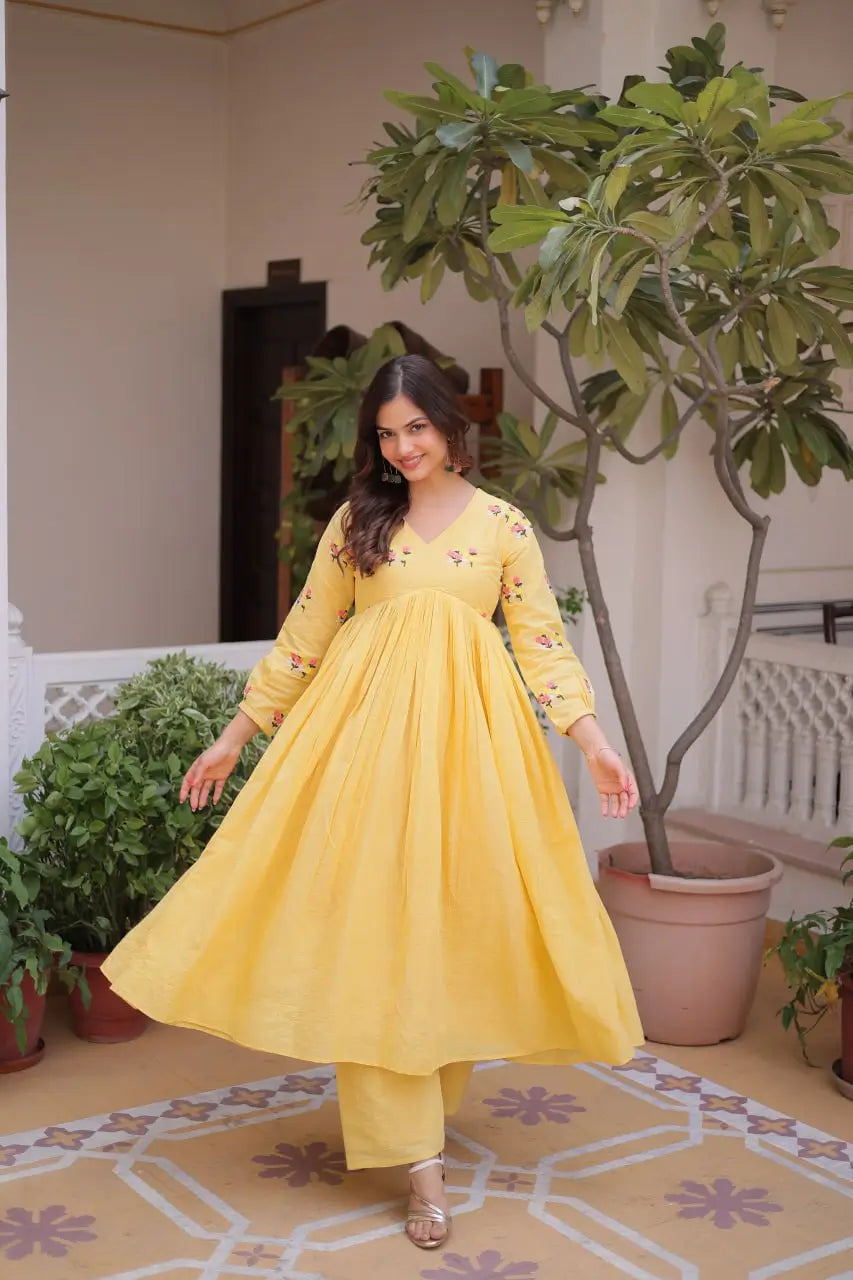 Embroidered Cotton Anarkali Kurti Pant Set for Festive and Casual Wear