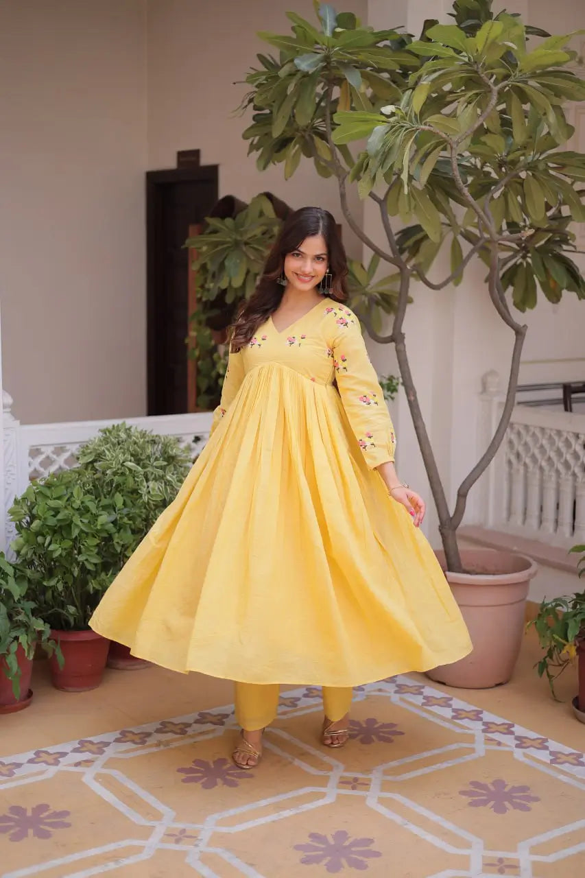 Embroidered Cotton Anarkali Kurti Pant Set for Festive and Casual Wear