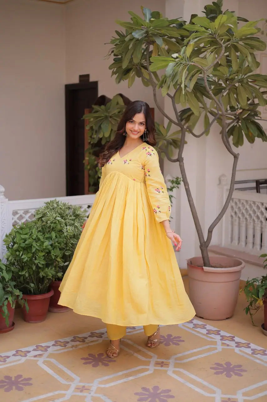 Embroidered Cotton Anarkali Kurti Pant Set for Festive and Casual Wear