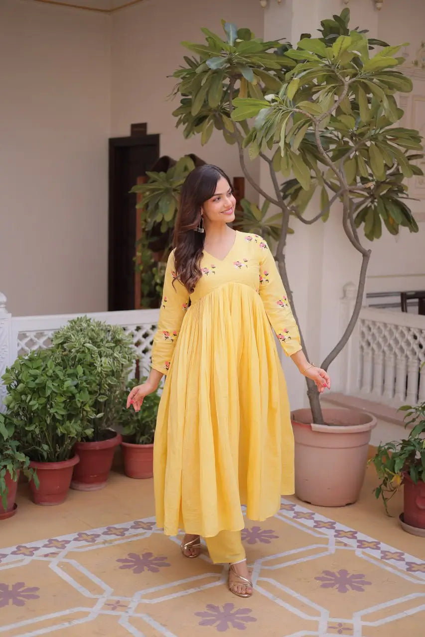 Embroidered Cotton Anarkali Kurti Pant Set for Festive and Casual Wear