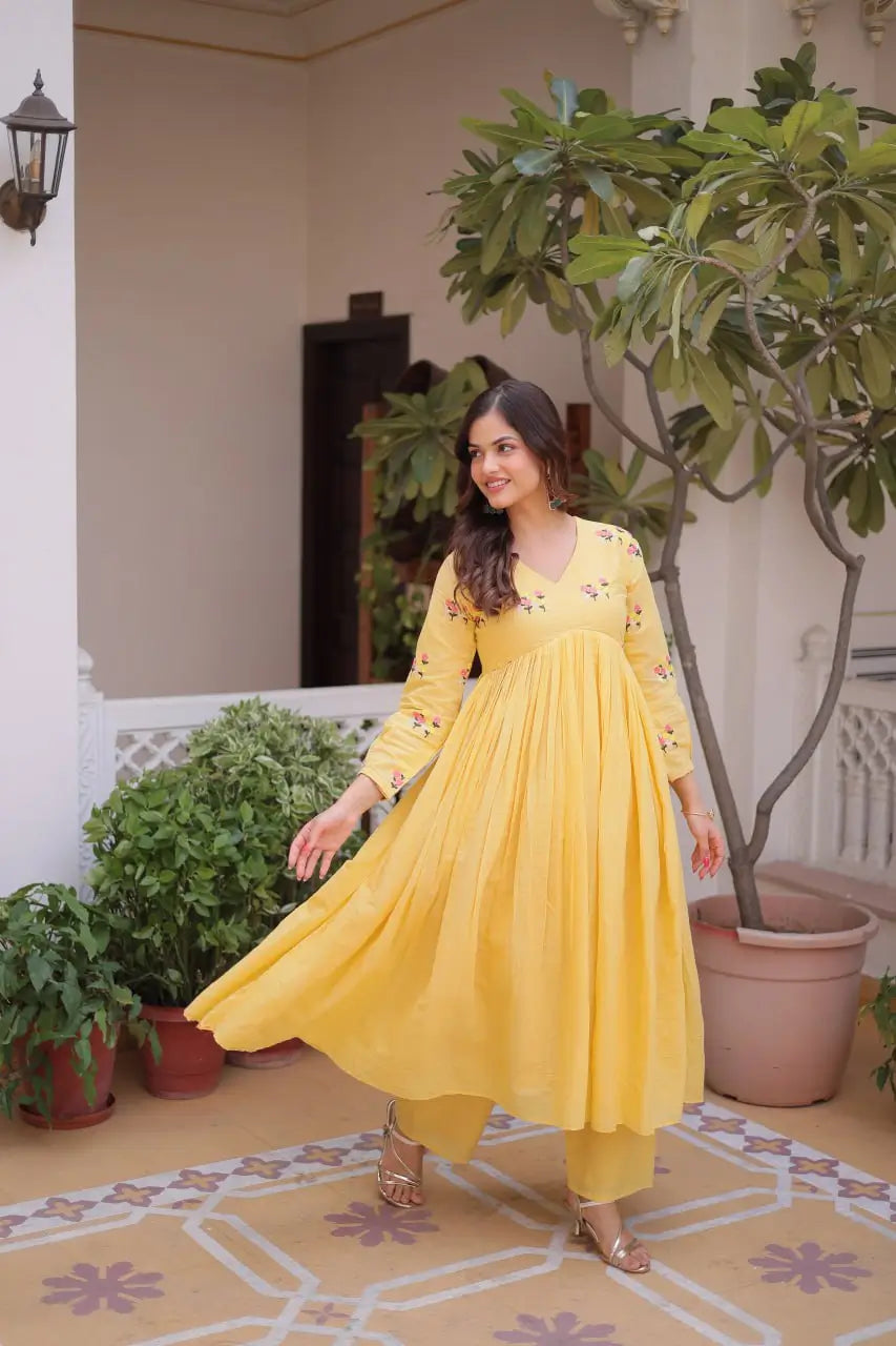 Embroidered Cotton Anarkali Kurti Pant Set for Festive and Casual Wear