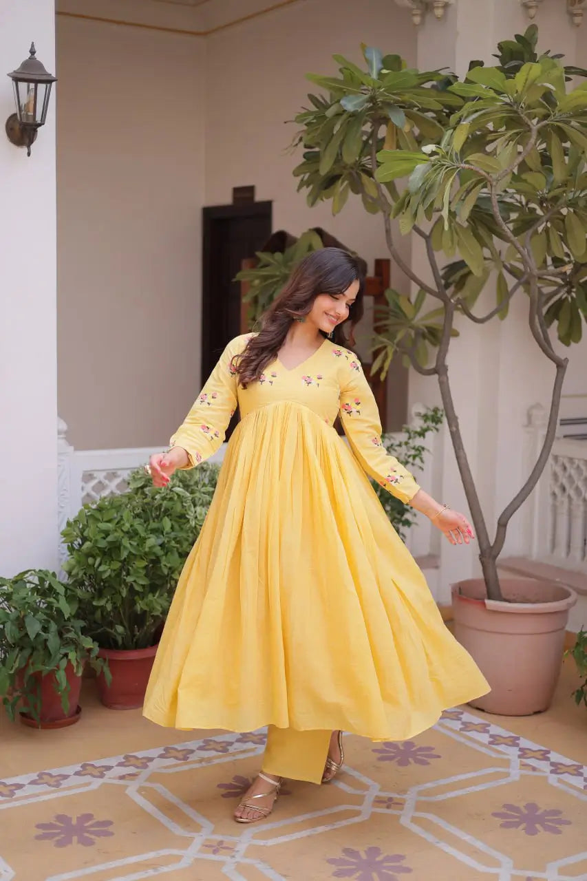 Embroidered Cotton Anarkali Kurti Pant Set for Festive and Casual Wear