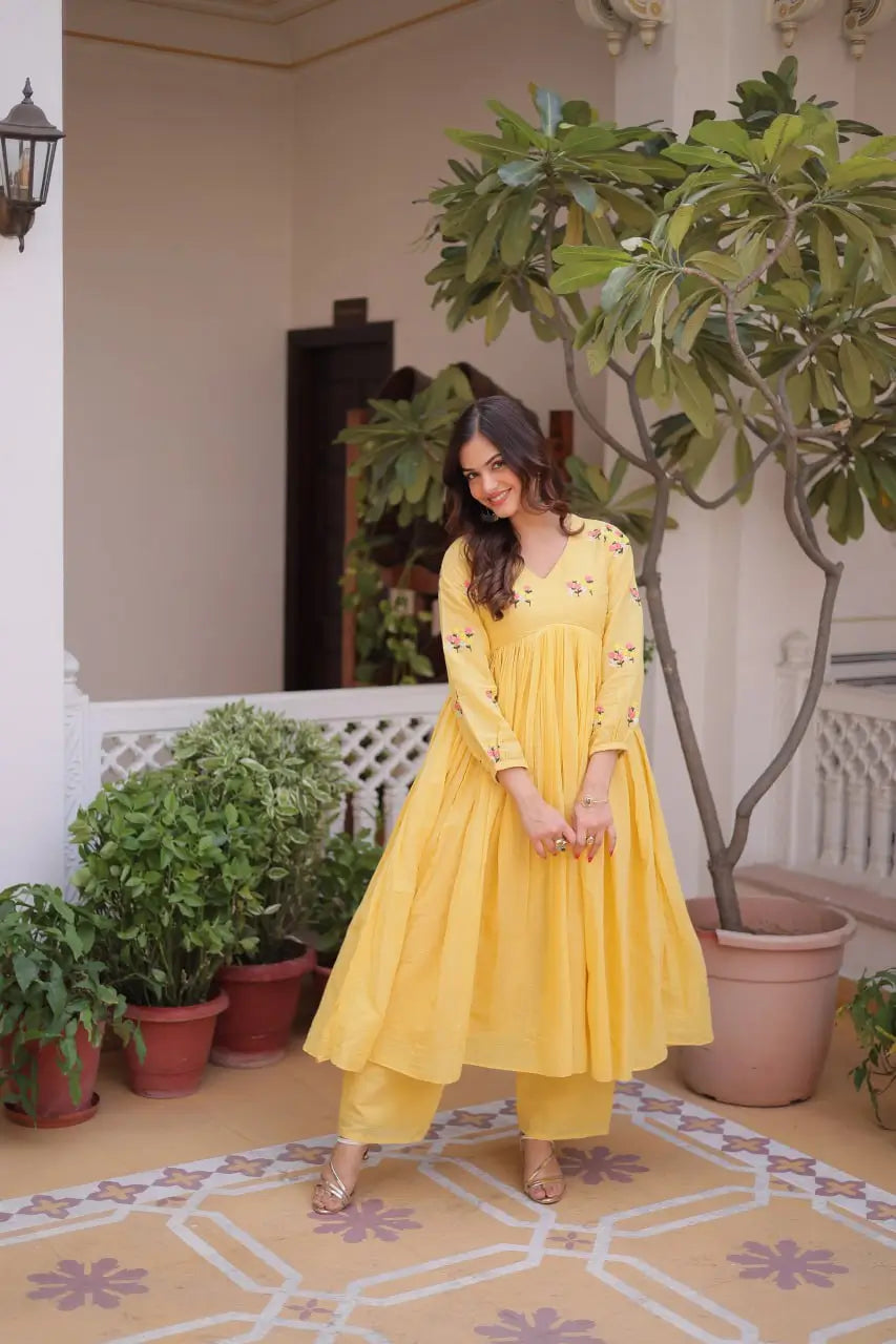 Embroidered Cotton Anarkali Kurti Pant Set for Festive and Casual Wear