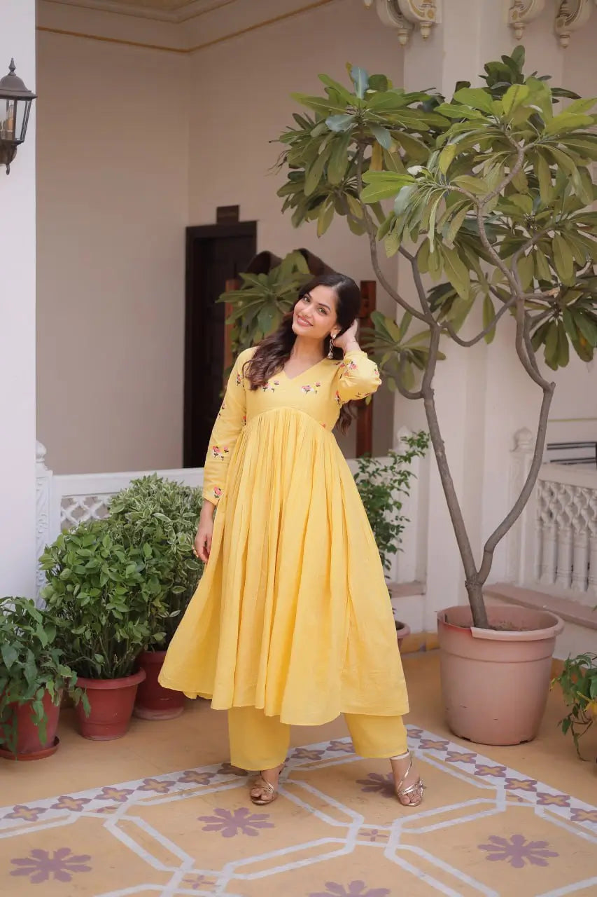 Embroidered Cotton Anarkali Kurti Pant Set for Festive and Casual Wear