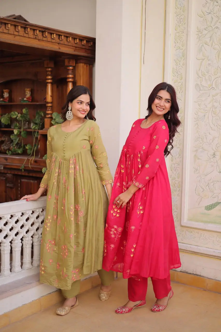 Embroidered Cotton Anarkali Kurti Pant Set for Festive and Casual Wear