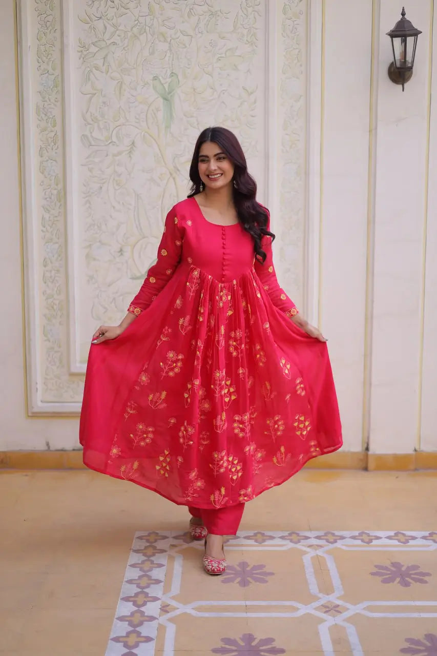 Embroidered Cotton Anarkali Kurti Pant Set for Festive and Casual Wear