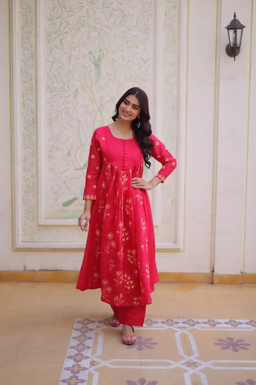 Embroidered Cotton Anarkali Kurti Pant Set for Festive and Casual Wear