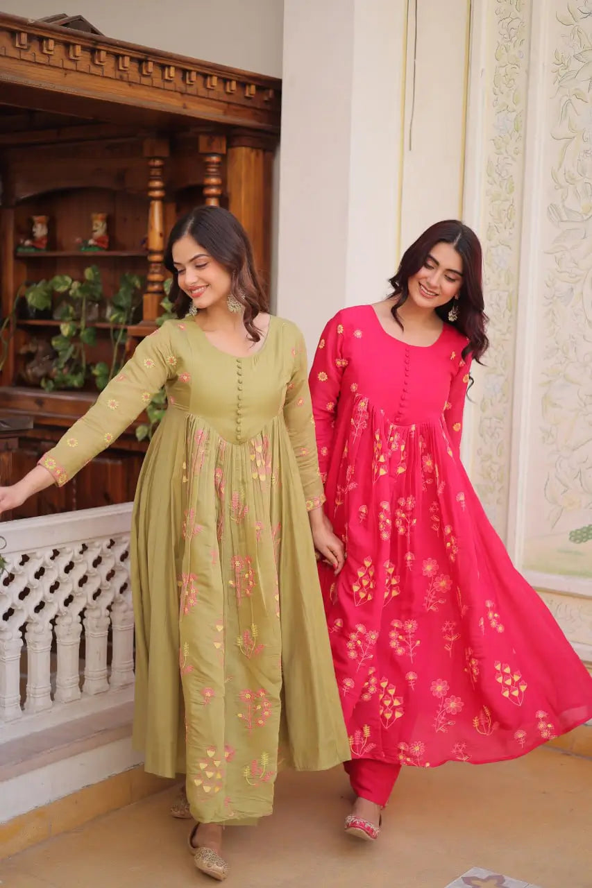 Embroidered Cotton Anarkali Kurti Pant Set for Festive and Casual Wear