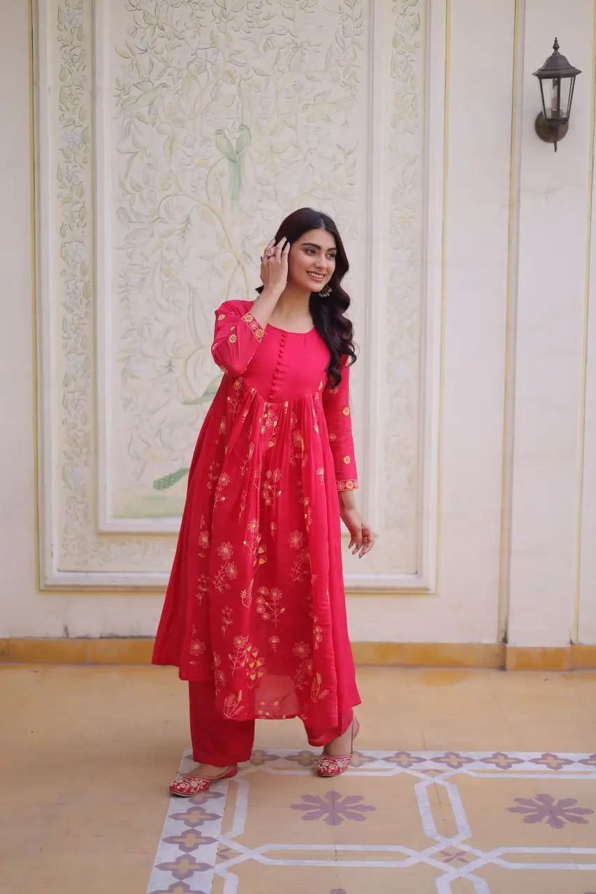Embroidered Cotton Anarkali Kurti Pant Set for Festive and Casual Wear