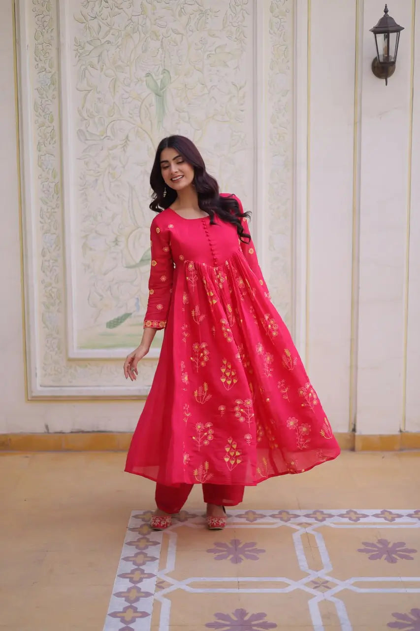 Embroidered Cotton Anarkali Kurti Pant Set for Festive and Casual Wear