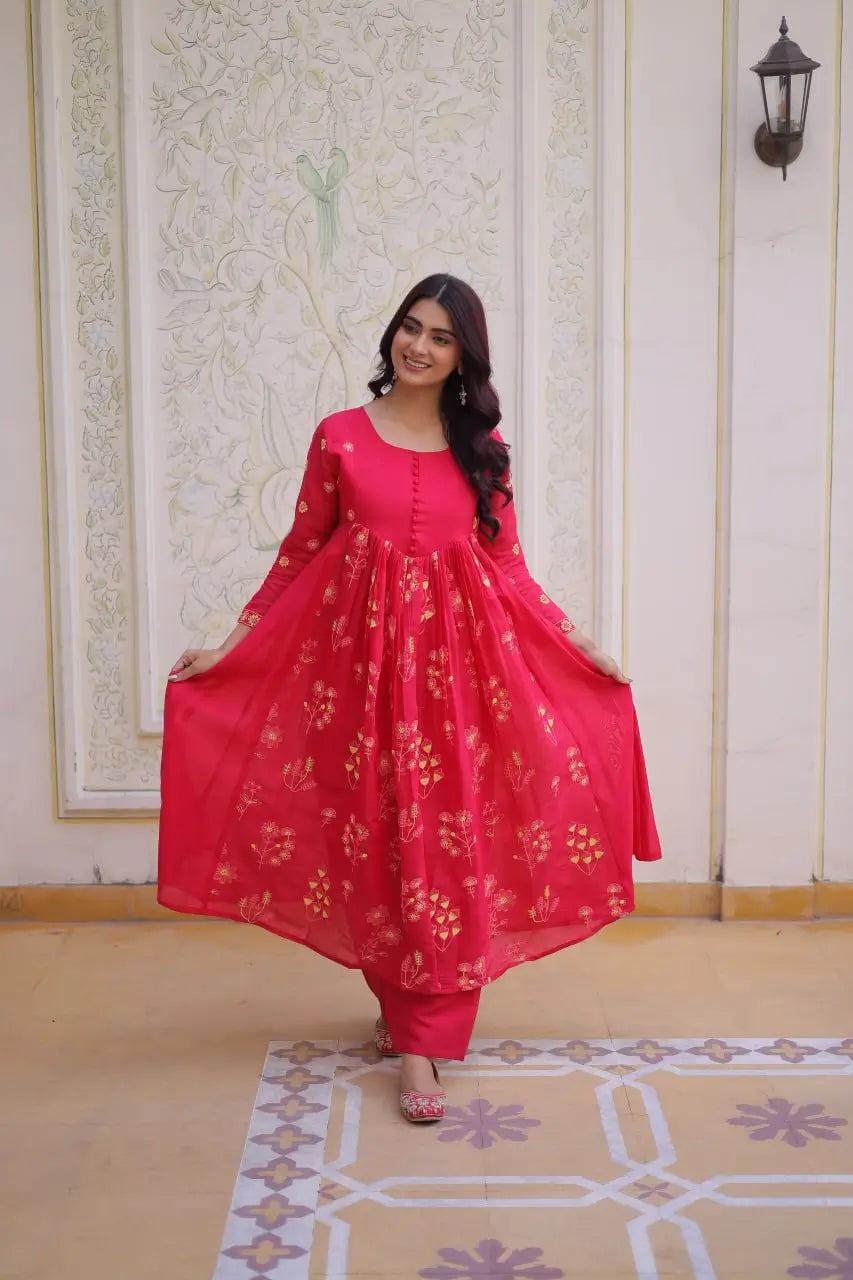 Embroidered Cotton Anarkali Kurti Pant Set for Festive and Casual Wear