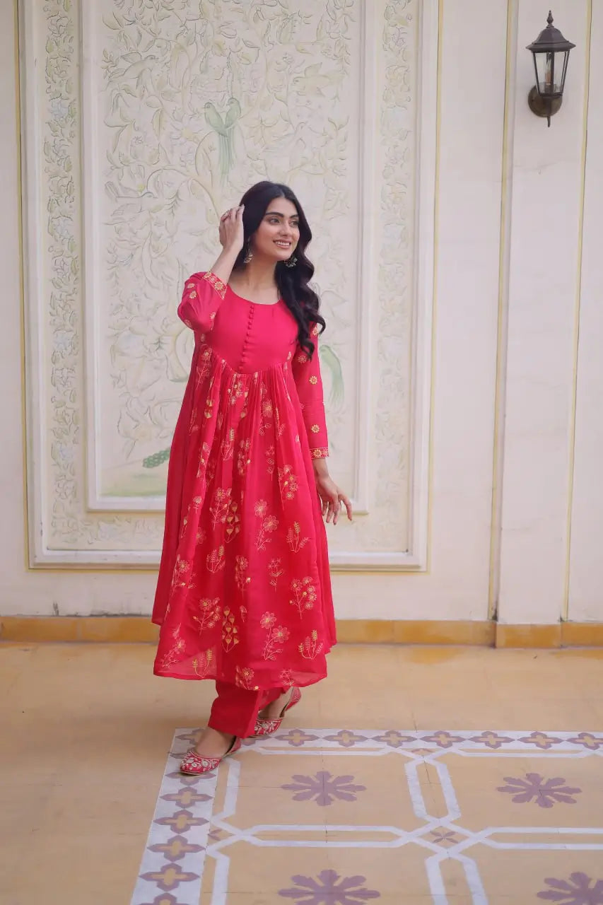 Embroidered Cotton Anarkali Kurti Pant Set for Festive and Casual Wear