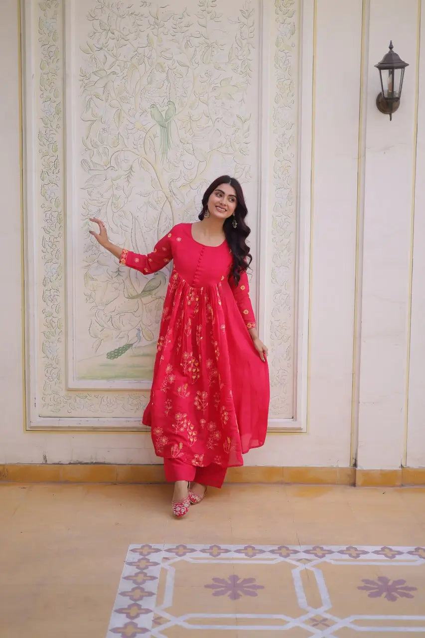 Embroidered Cotton Anarkali Kurti Pant Set for Festive and Casual Wear