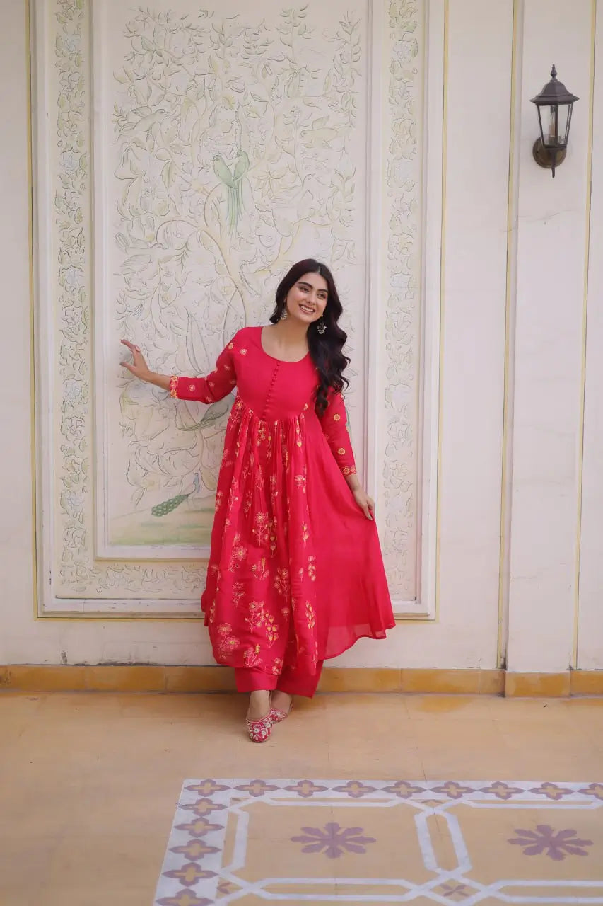 Embroidered Cotton Anarkali Kurti Pant Set for Festive and Casual Wear