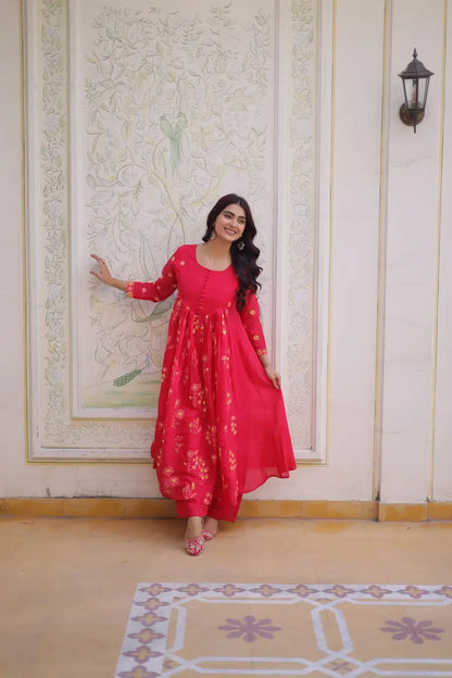 Embroidered Cotton Anarkali Kurti Pant Set for Festive and Casual Wear
