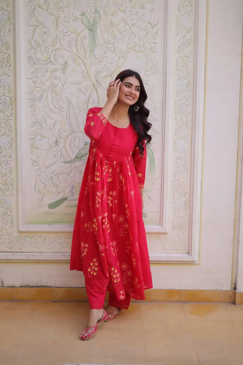 Embroidered Cotton Anarkali Kurti Pant Set for Festive and Casual Wear
