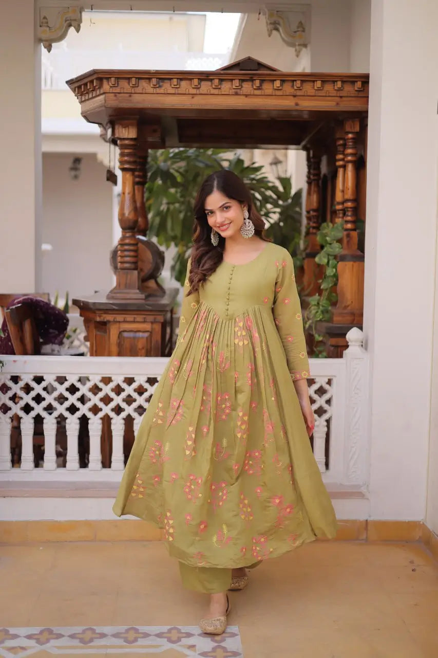 Embroidered Cotton Anarkali Kurti Pant Set for Festive and Casual Wear