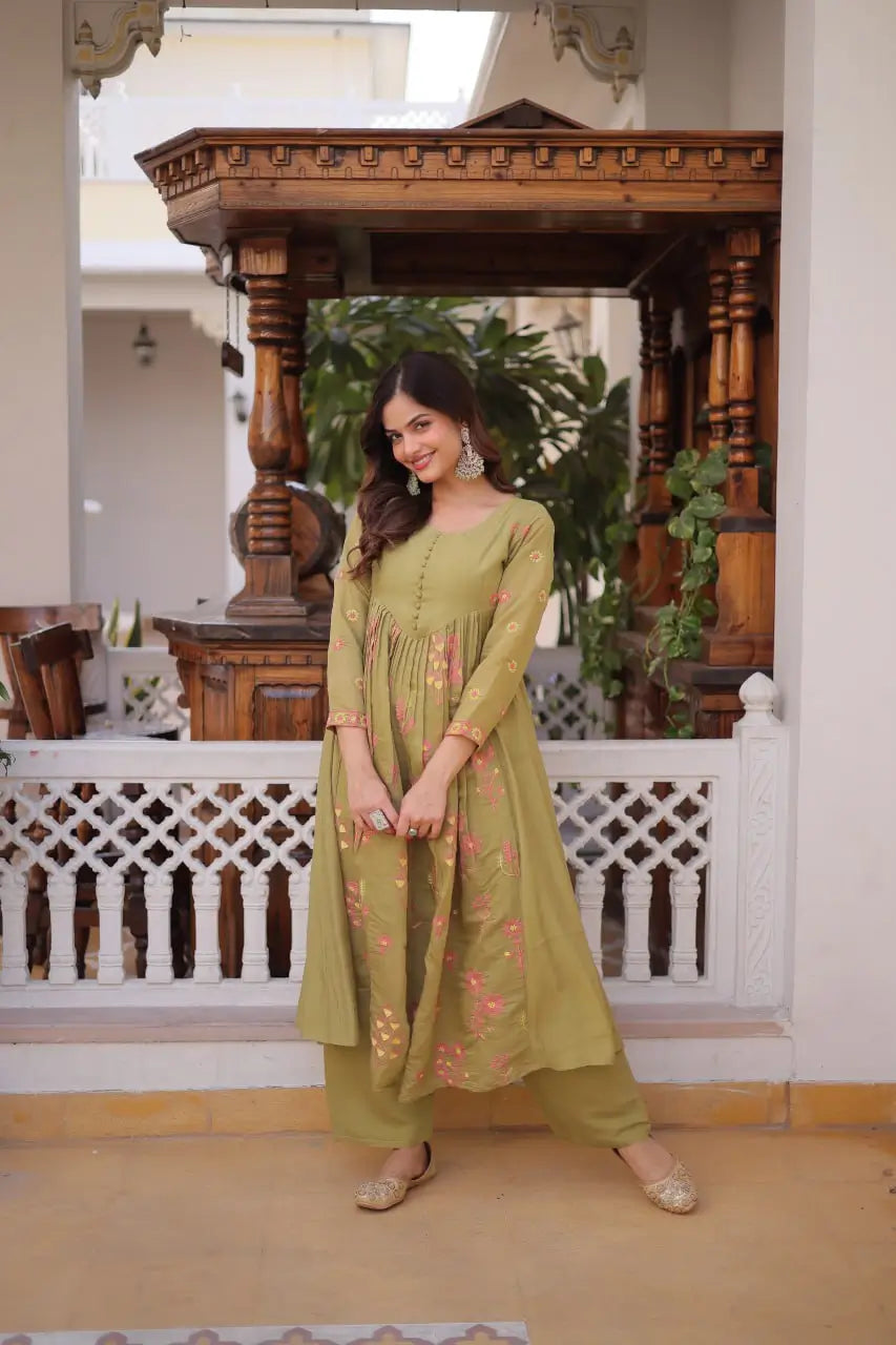 Embroidered Cotton Anarkali Kurti Pant Set for Festive and Casual Wear