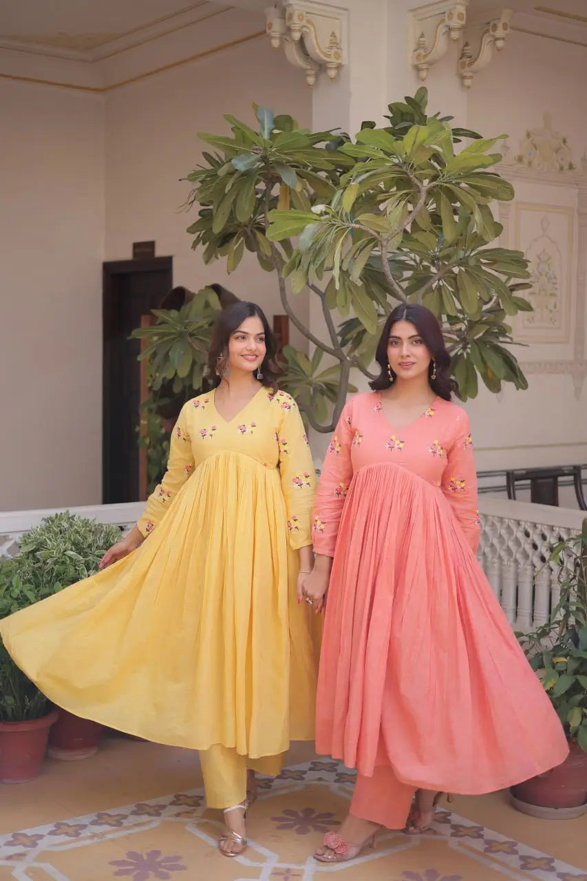 Embroidered Cotton Anarkali Kurti Pant Set for Festive and Casual Wear