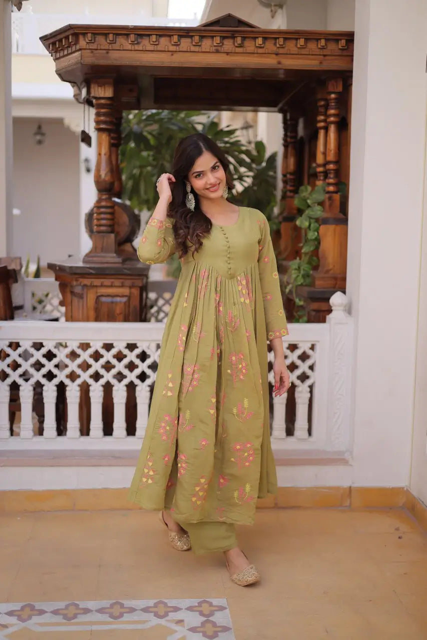 Embroidered Cotton Anarkali Kurti Pant Set for Festive and Casual Wear