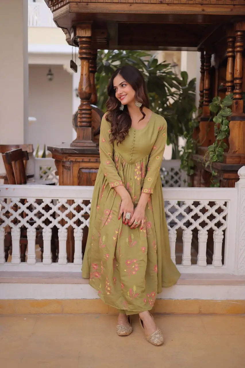 Embroidered Cotton Anarkali Kurti Pant Set for Festive and Casual Wear