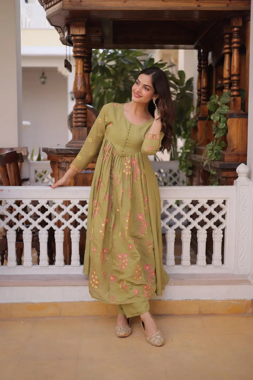 Embroidered Cotton Anarkali Kurti Pant Set for Festive and Casual Wear