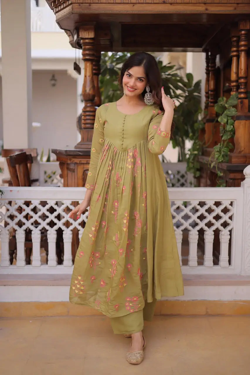 Embroidered Cotton Anarkali Kurti Pant Set for Festive and Casual Wear