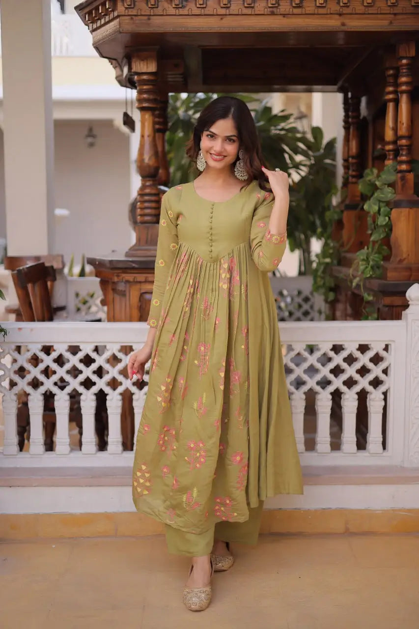 Embroidered Cotton Anarkali Kurti Pant Set for Festive and Casual Wear